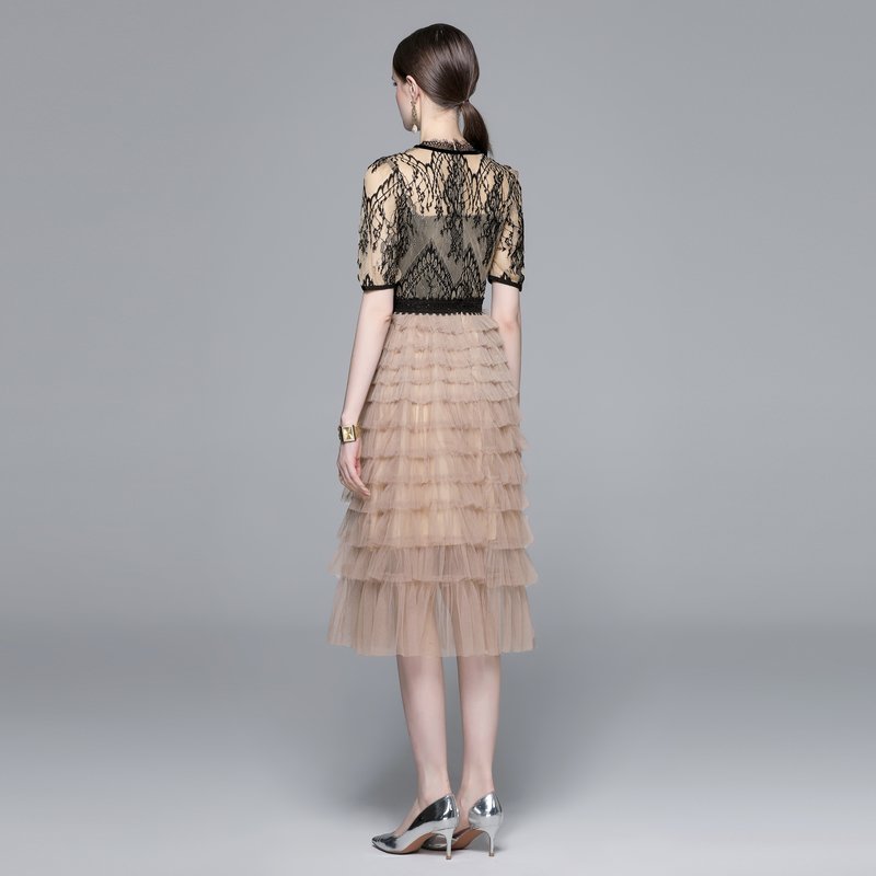 Lace-paneled mesh cake dress with bow court-style dress YYX852075