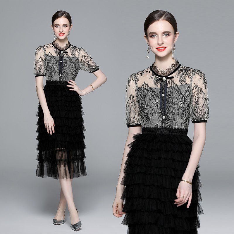 Lace-paneled mesh cake dress with bow court-style dress YYX852075