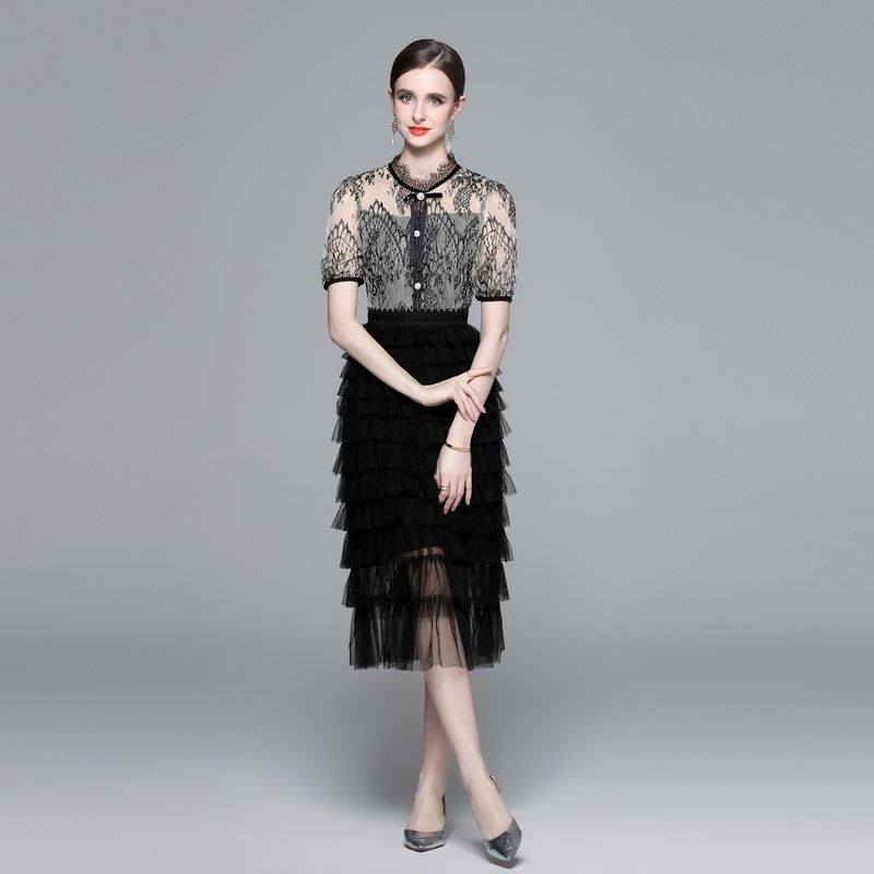 Lace-paneled mesh cake dress with bow court-style dress YYX852075