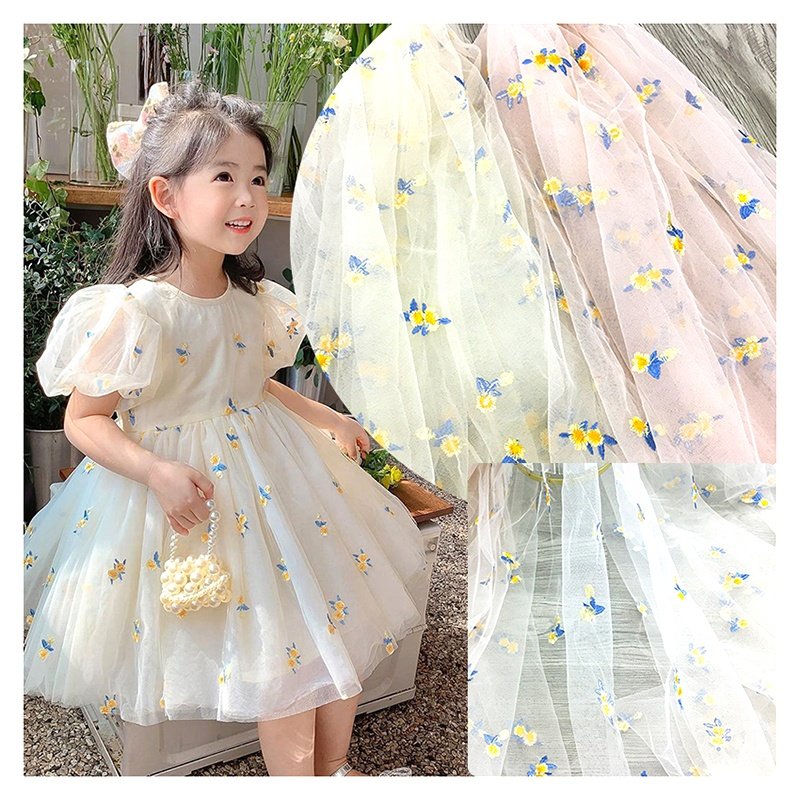 Polyester Tulle Embroidered Fabric with Daisy Sunflower Embroidery Design Tulle Mesh Fabric Girl Dress Fabric