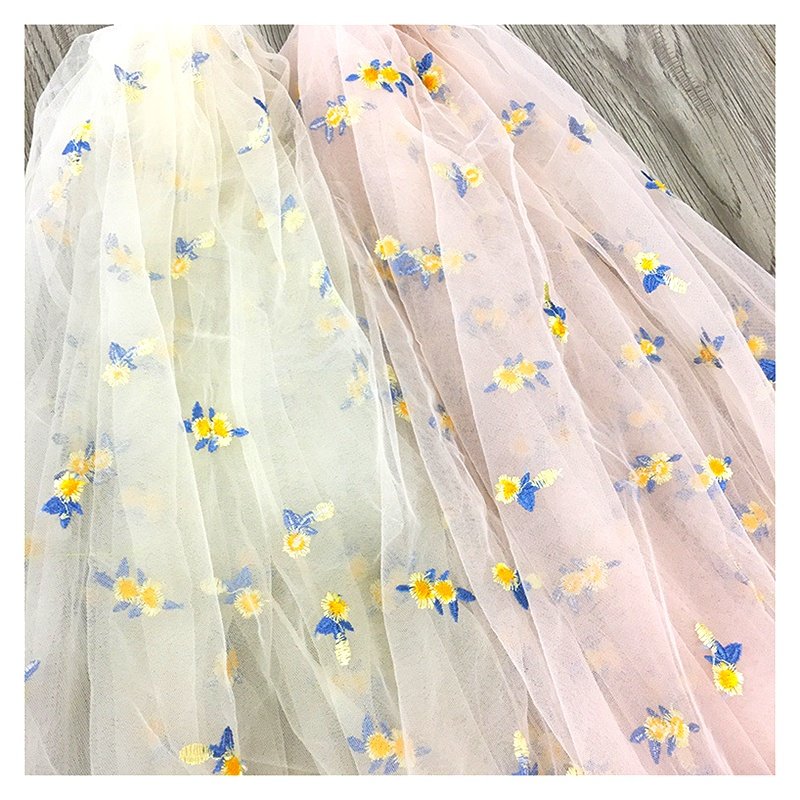 Polyester Tulle Embroidered Fabric with Daisy Sunflower Embroidery Design Tulle Mesh Fabric Girl Dress Fabric