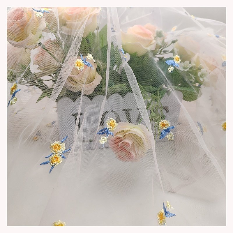 Polyester Tulle Embroidered Fabric with Daisy Sunflower Embroidery Design Tulle Mesh Fabric Girl Dress Fabric