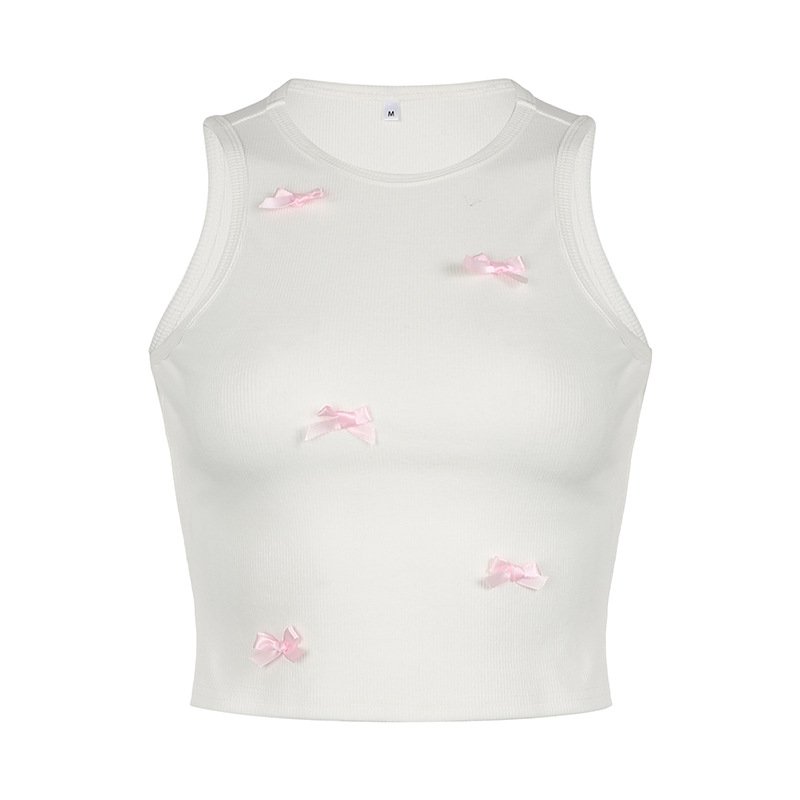 QY0606 2024 New arrivals summer woman Sleeveless Knitted Ribbed Elasticity Sweet and Cute Bow Women Tank Crop top