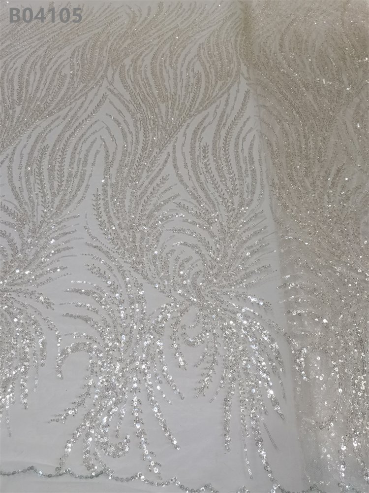 Luxury Soft Hand Polyester White Crystal Beaded Embroidery Stretch Sequin Lace Fabric