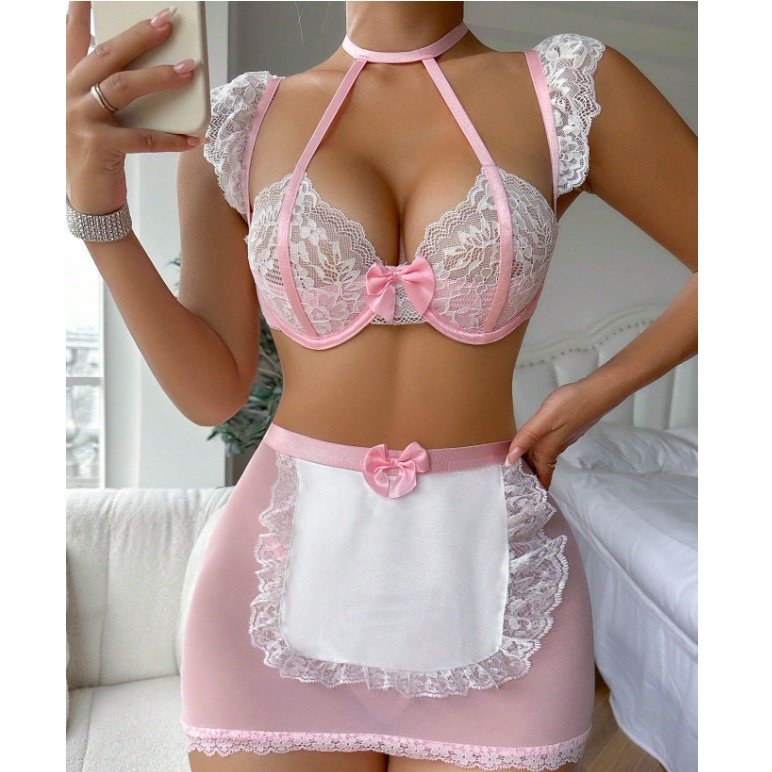 YS7147C Erotic Lingerie Maid Outfit Lace Ruffled Skirt Translucent Halter Bra Matching Intim Goods Sissy Fancy Underwear
