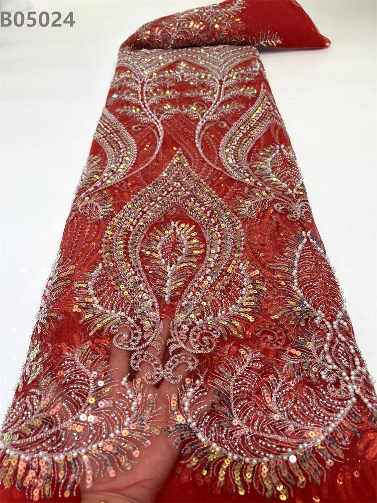 Handwork Beads Embroidery Lace Tulle Pearls Embroidered Beaded Fabric Glitter Sequin Net Lace Fabric