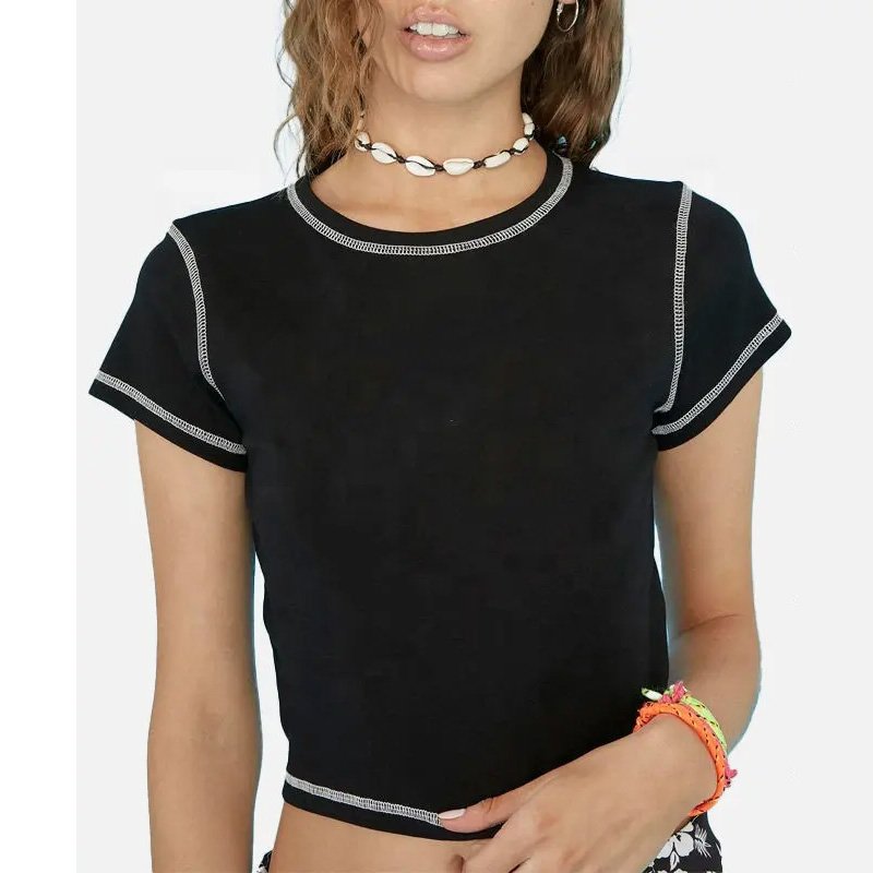 Black Cropped Tee Shirt With Contrast Stitching Custom Printed Logo T shirt Women Crop Top Baby Tshirt