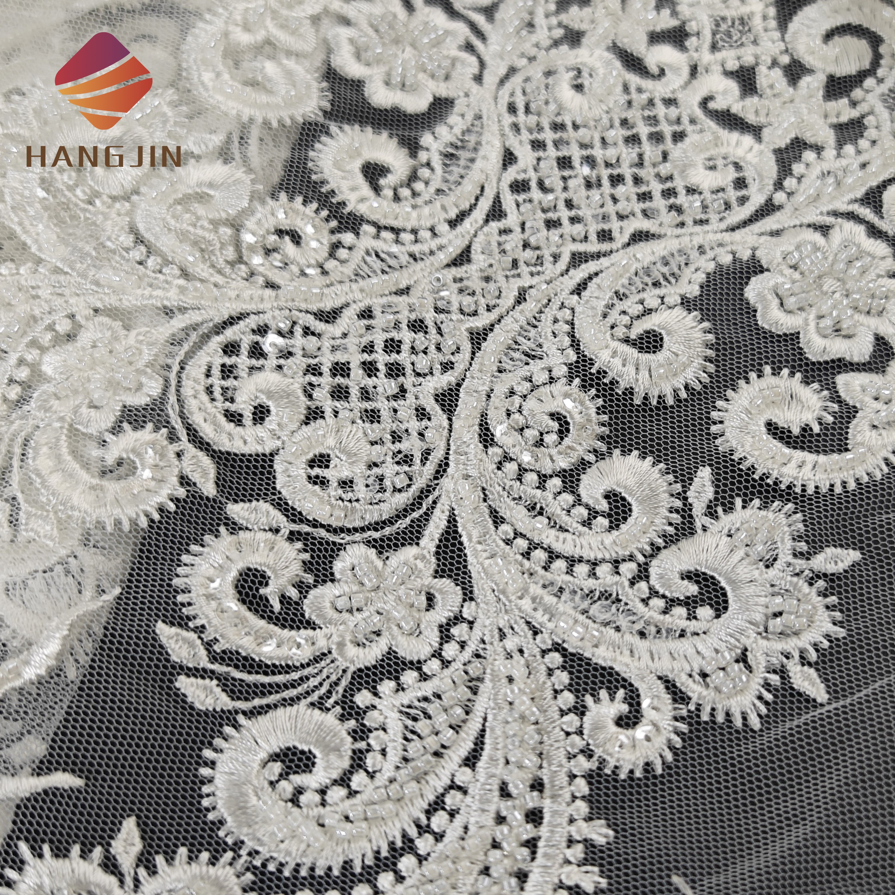 2023 White Beaded Embroidery Lace Sequins Fabric Heavily Embroidery Luxury Wedding Tulle Crystal Lace Fabric