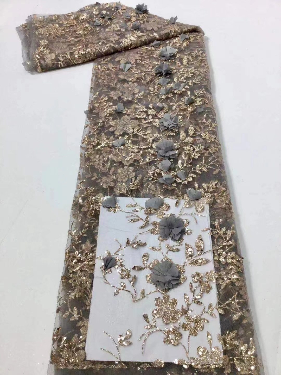 Embroidery Tela de encaje de flores 3d chiffon flower shiny sequin glitter tulle lace fabric