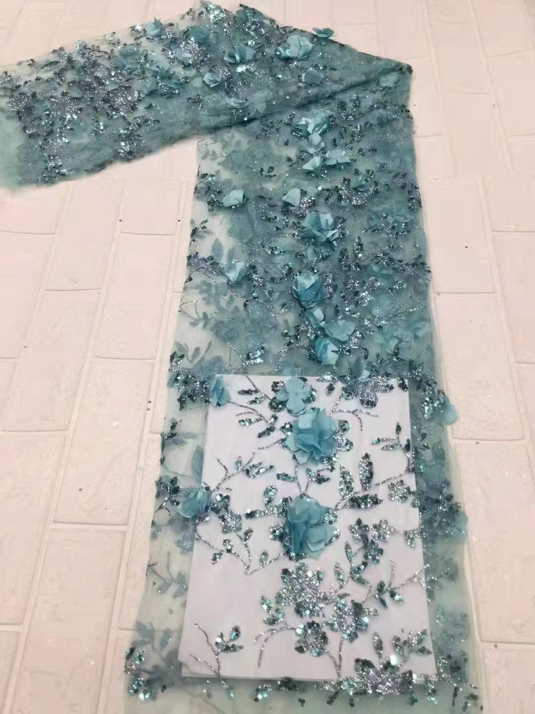 Embroidery Tela de encaje de flores 3d chiffon flower shiny sequin glitter tulle lace fabric