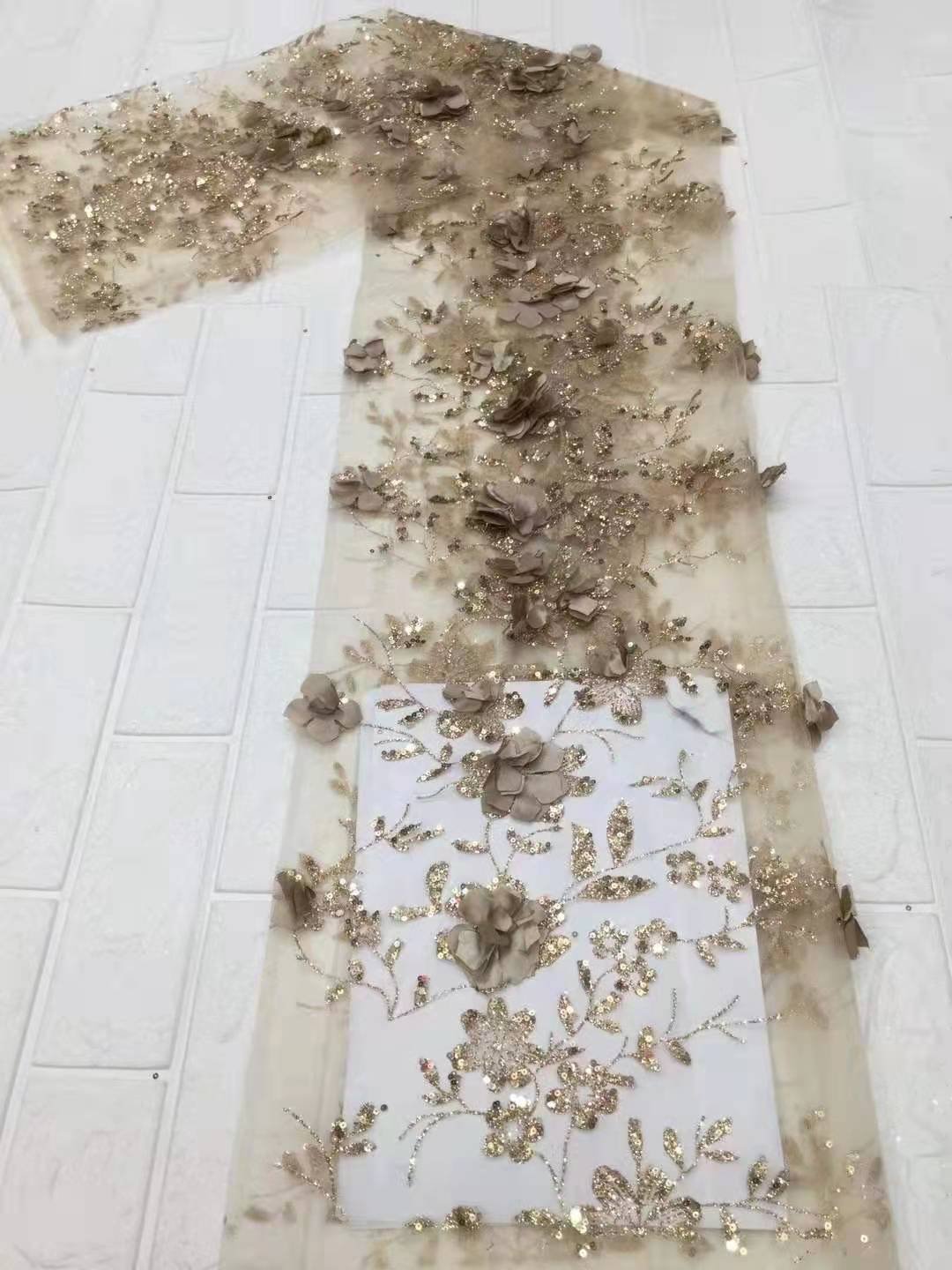 Embroidery Tela de encaje de flores 3d chiffon flower shiny sequin glitter tulle lace fabric