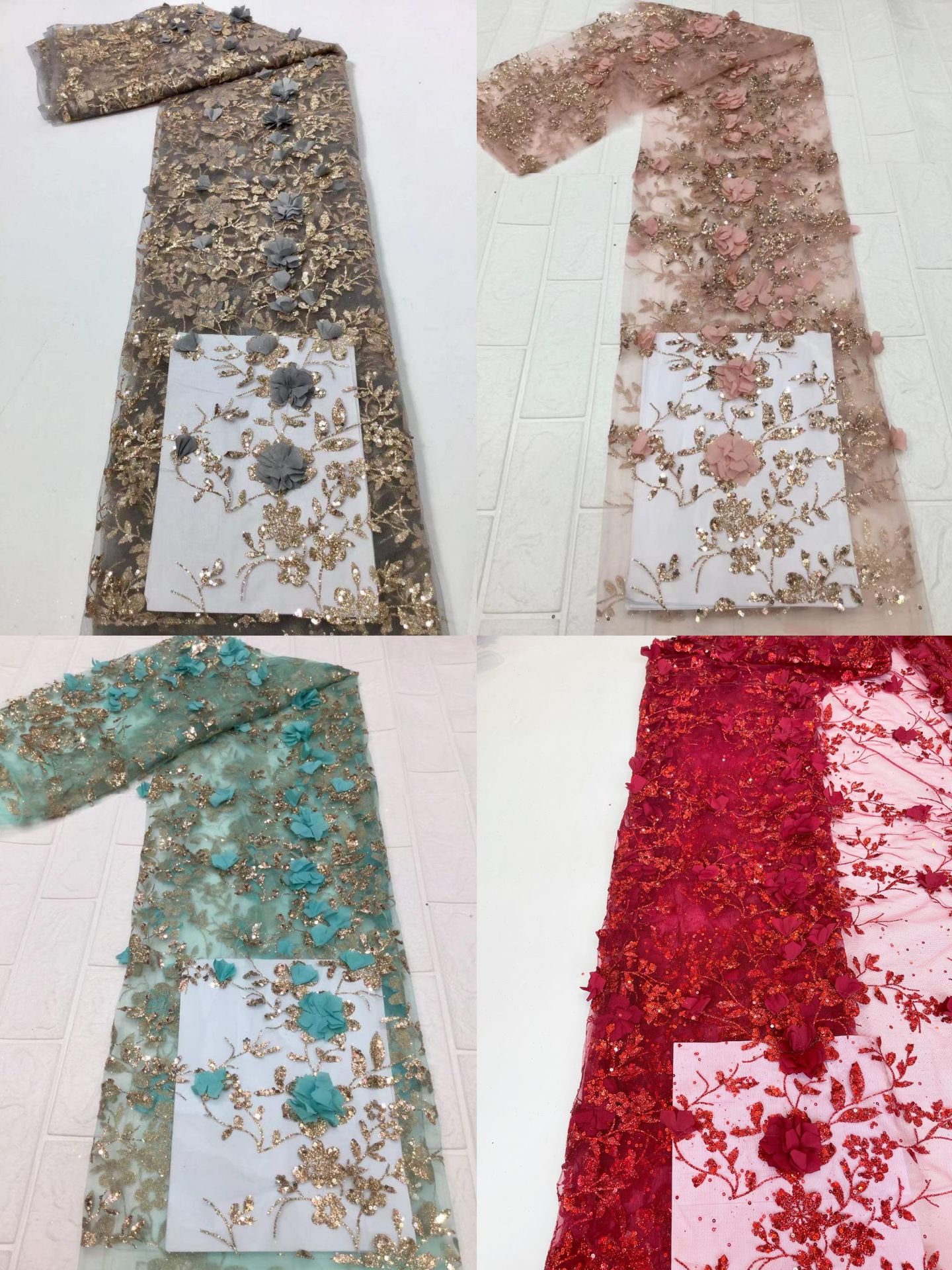 Embroidery Tela de encaje de flores 3d chiffon flower shiny sequin glitter tulle lace fabric