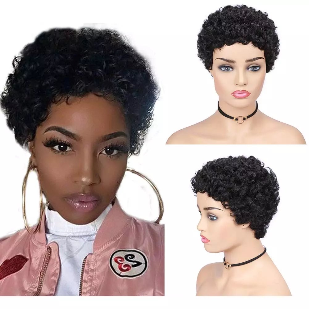 HC08 Wholesale 8inch Short Human Hair Wig Women None Lace Wigs for Black Pixie Cut Full Machine Pixie Curly Ombre Color 1B#,30#