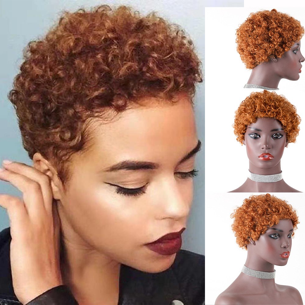 HC08 Wholesale 8inch Short Human Hair Wig Women None Lace Wigs for Black Pixie Cut Full Machine Pixie Curly Ombre Color 1B#,30#