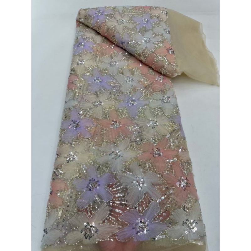 Colorful Embroidery Fabric 3D Flowers Beaded Sequins Embroidered Lace Fabric Wedding Dress Small Flower Applique Dress Fabric