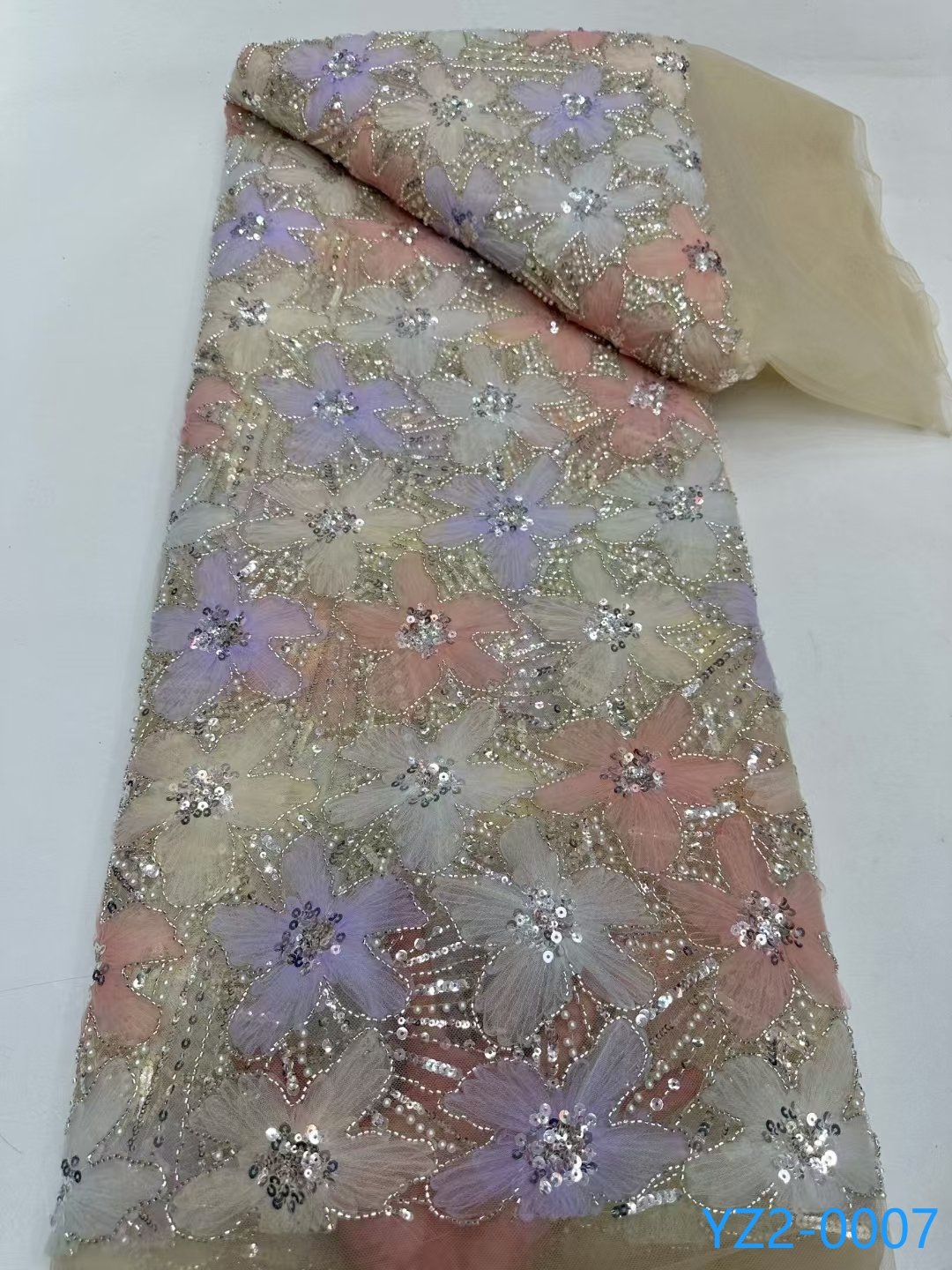Colorful Embroidery Fabric 3D Flowers Beaded Sequins Embroidered Lace Fabric Wedding Dress Small Flower Applique Dress Fabric