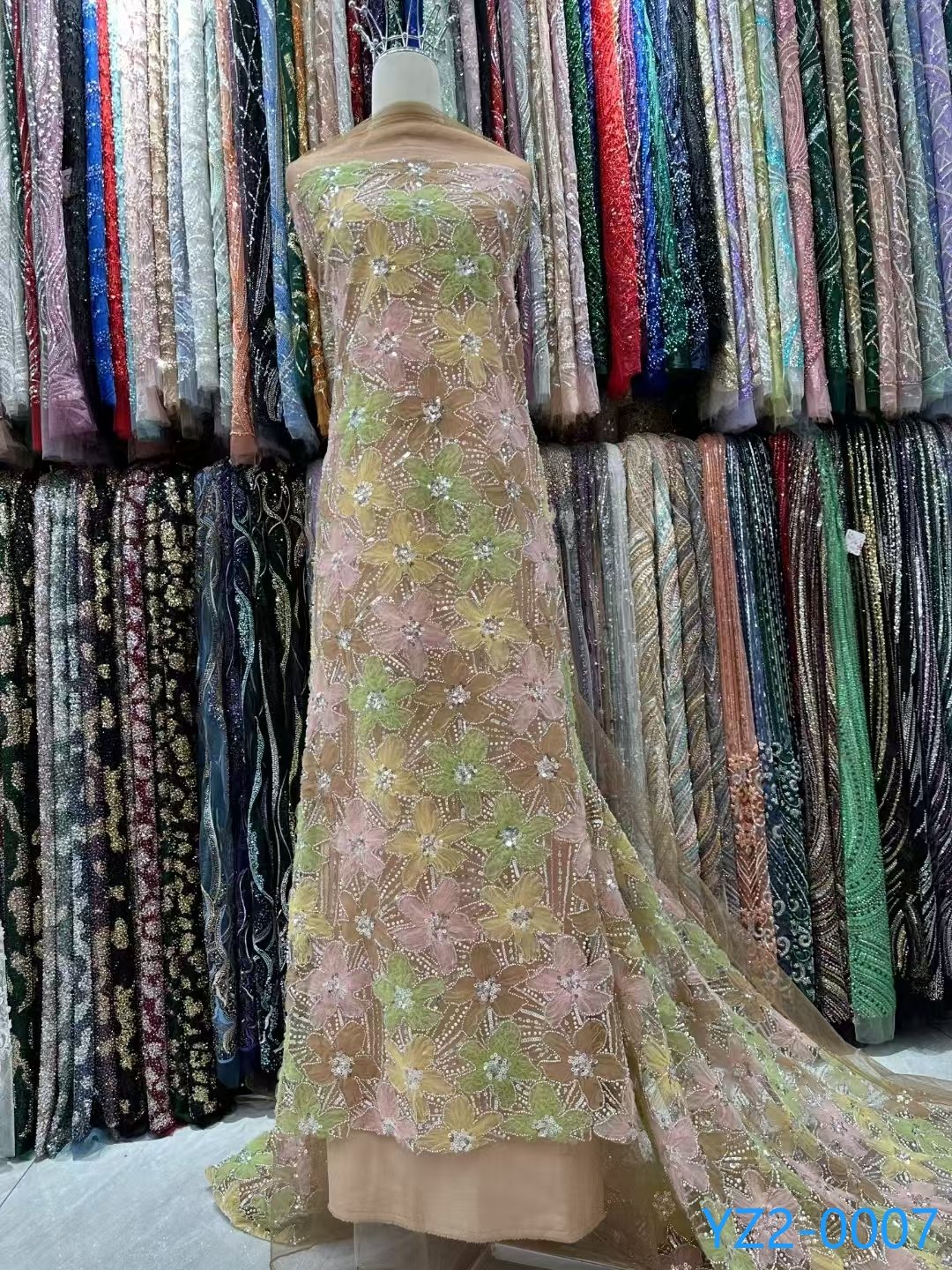 Colorful Embroidery Fabric 3D Flowers Beaded Sequins Embroidered Lace Fabric Wedding Dress Small Flower Applique Dress Fabric