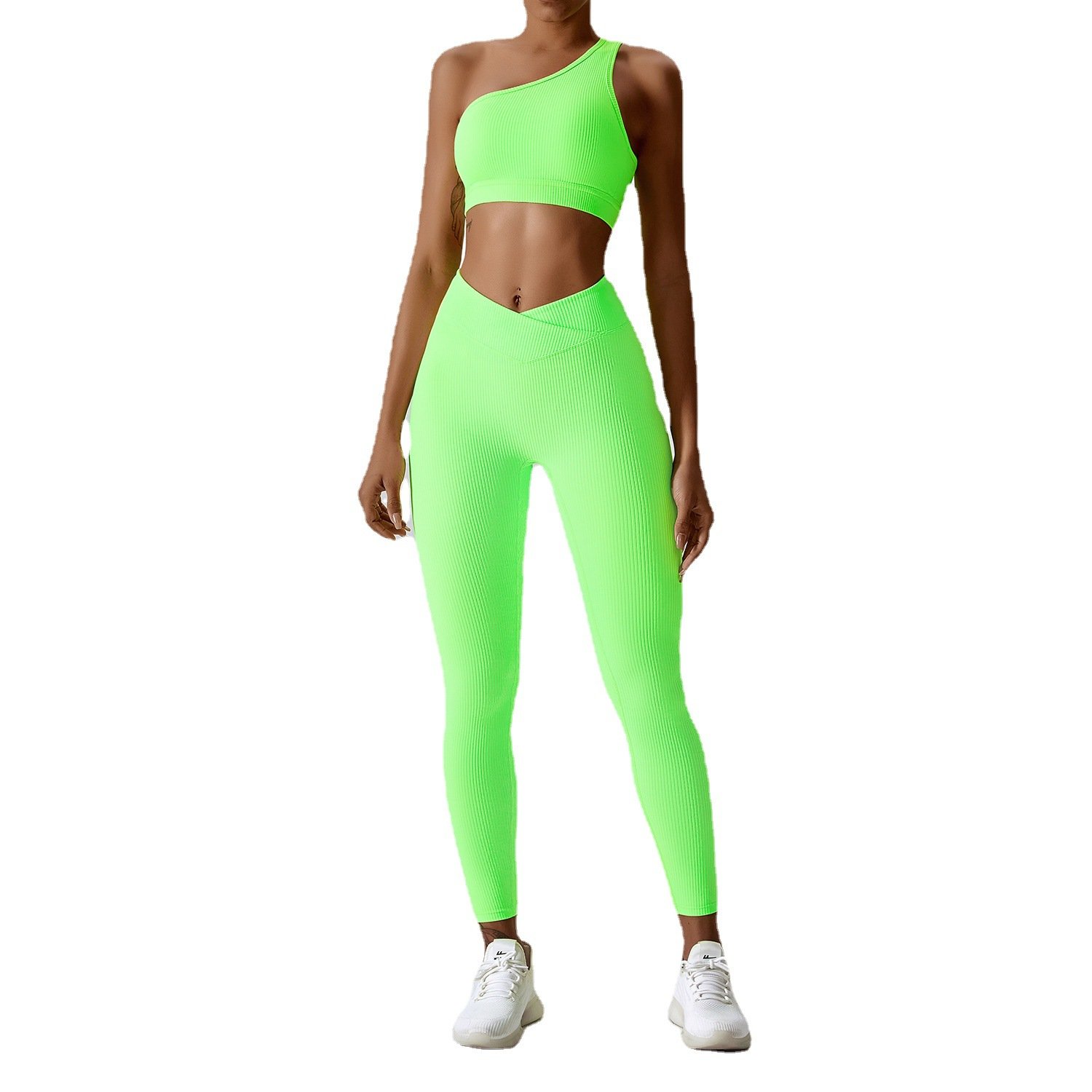 Trendy Oblique Shoulder Strap Sports Bra Seamless Fitness Hip Lifting Tights Knitted Yoga Clothes Women's Suit