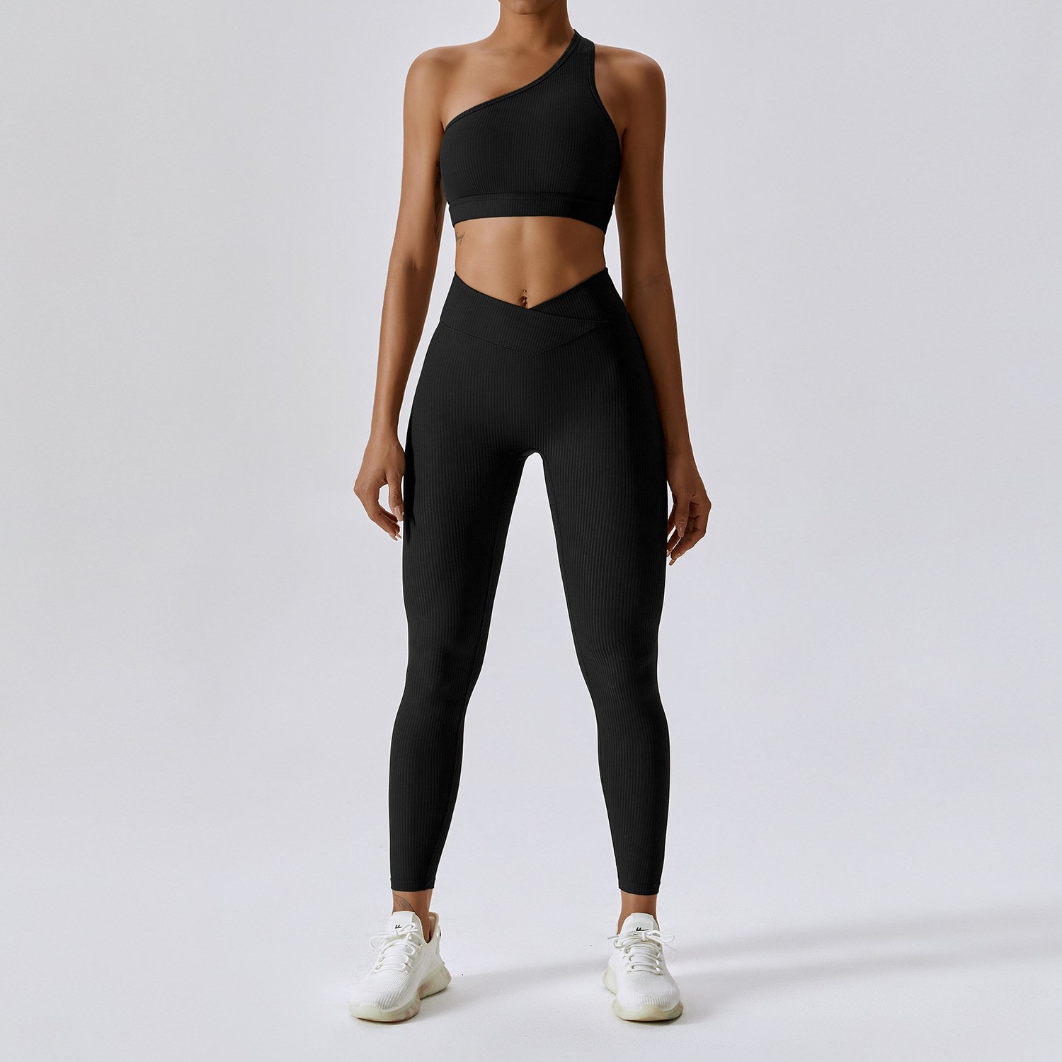 Trendy Oblique Shoulder Strap Sports Bra Seamless Fitness Hip Lifting Tights Knitted Yoga Clothes Women's Suit
