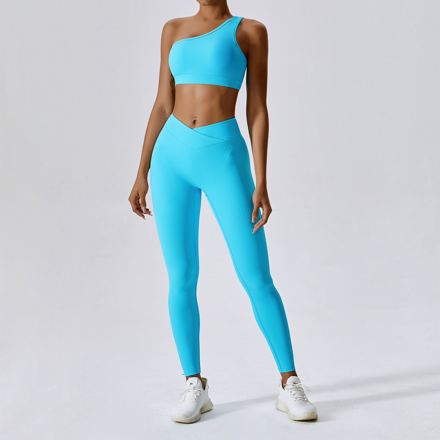 Trendy Oblique Shoulder Strap Sports Bra Seamless Fitness Hip Lifting Tights Knitted Yoga Clothes Women's Suit