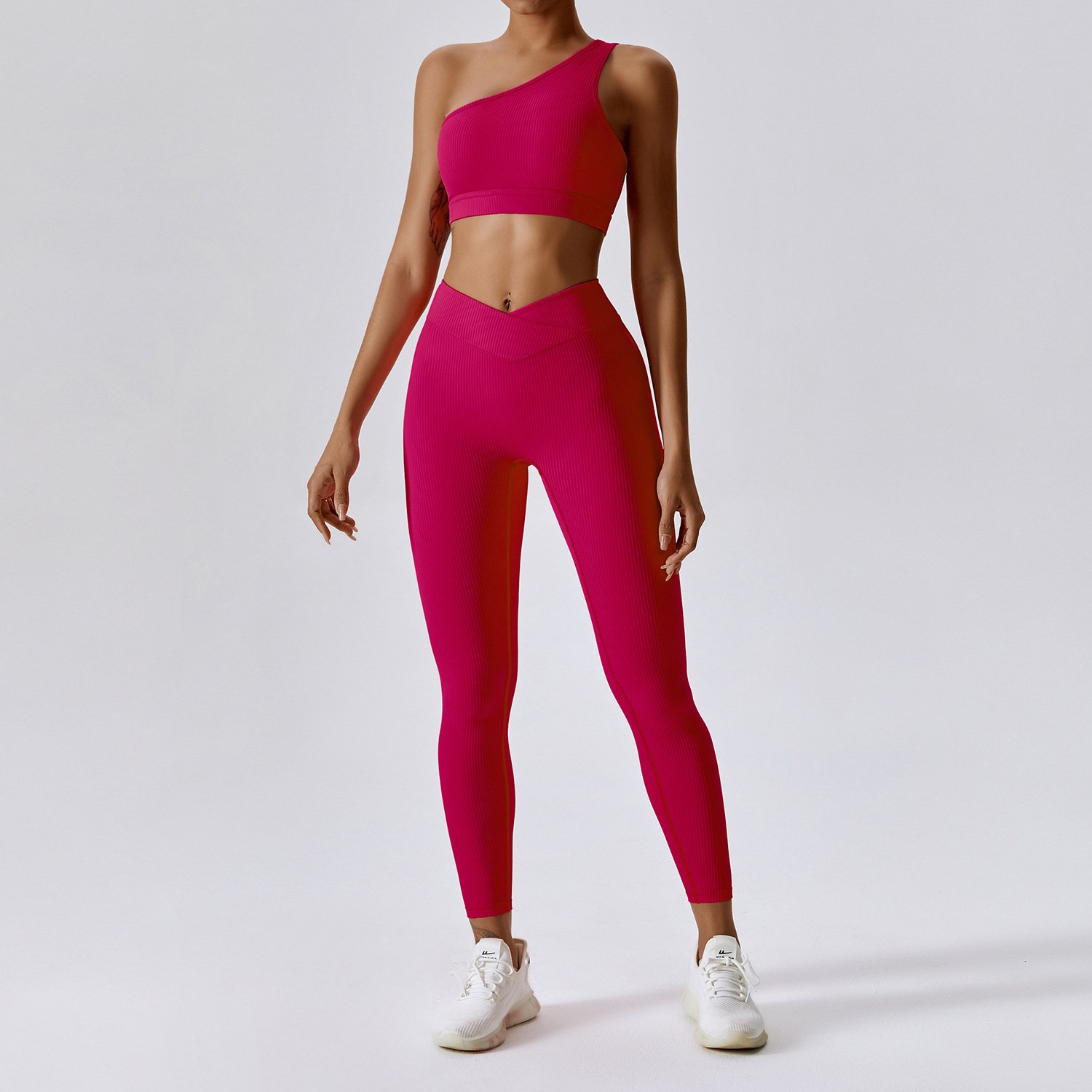 Trendy Oblique Shoulder Strap Sports Bra Seamless Fitness Hip Lifting Tights Knitted Yoga Clothes Women's Suit