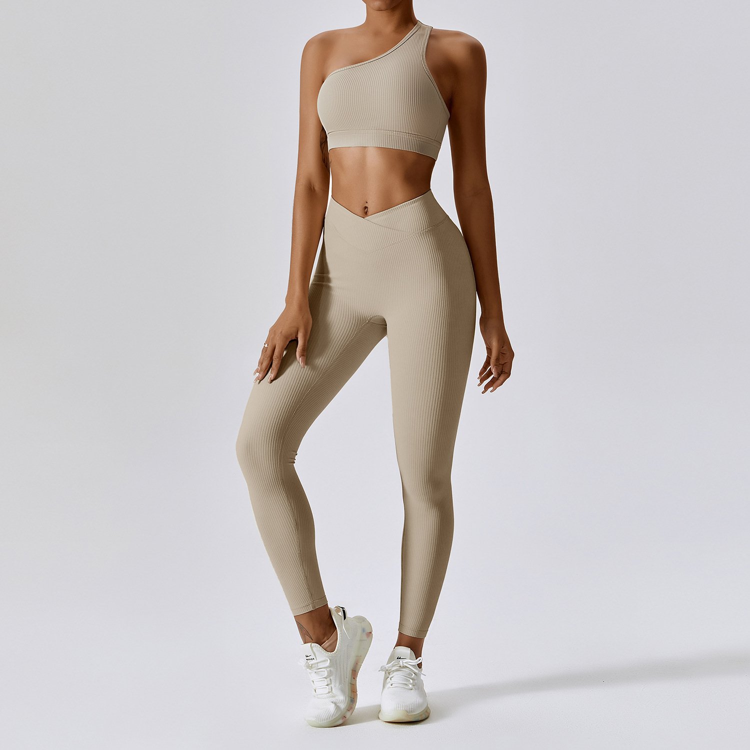 Trendy Oblique Shoulder Strap Sports Bra Seamless Fitness Hip Lifting Tights Knitted Yoga Clothes Women's Suit