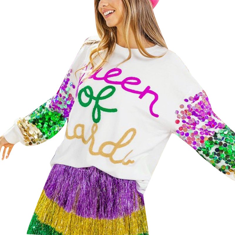 Custom Wholesale LOGO OEM & ODM Women Mardi Gras Apparel Sweater Crew Neck Letter Jacquard print Sequin Sleeve Halloween Sweater