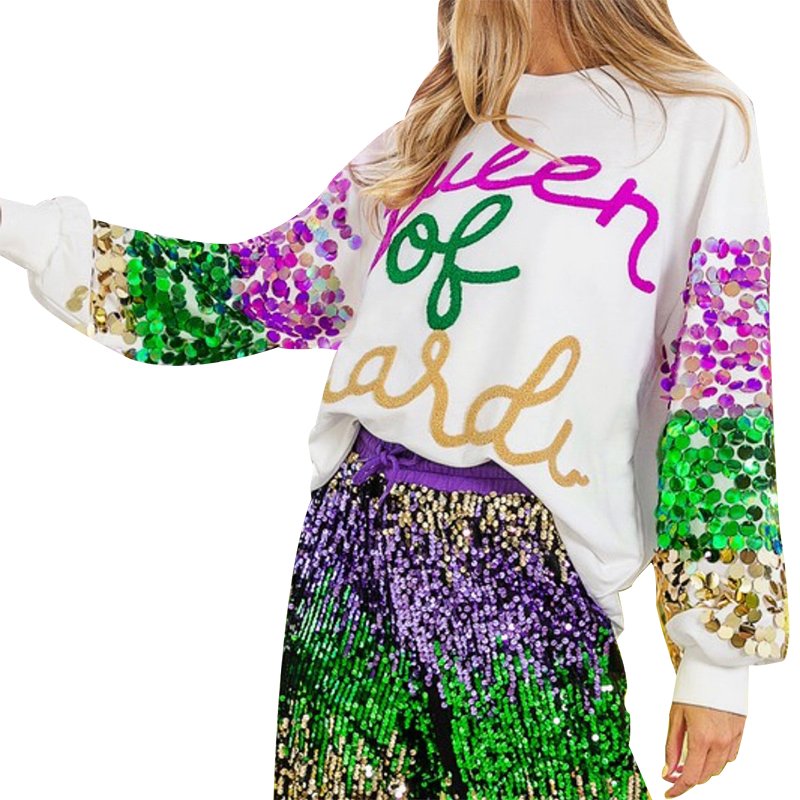Custom Wholesale LOGO OEM & ODM Women Mardi Gras Apparel Sweater Crew Neck Letter Jacquard print Sequin Sleeve Halloween Sweater
