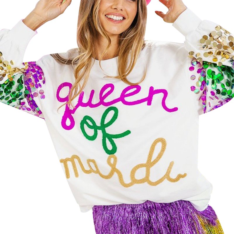 Custom Wholesale LOGO OEM & ODM Women Mardi Gras Apparel Sweater Crew Neck Letter Jacquard print Sequin Sleeve Halloween Sweater