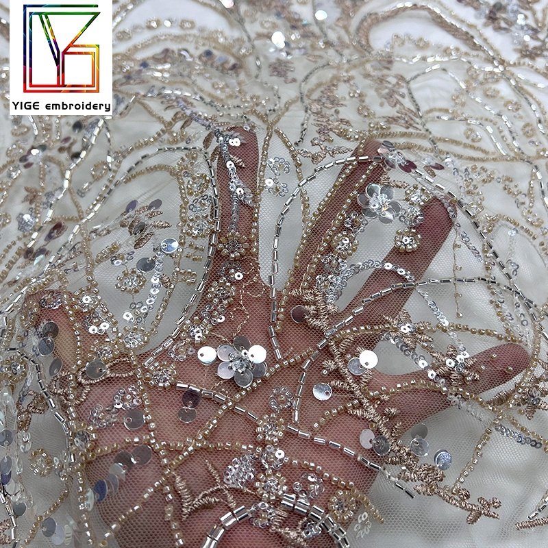 High Quality Naked color tulle sequin Beads Lace Fabrics for Clothing Party Dress Embroidery beaded Lace Fabric