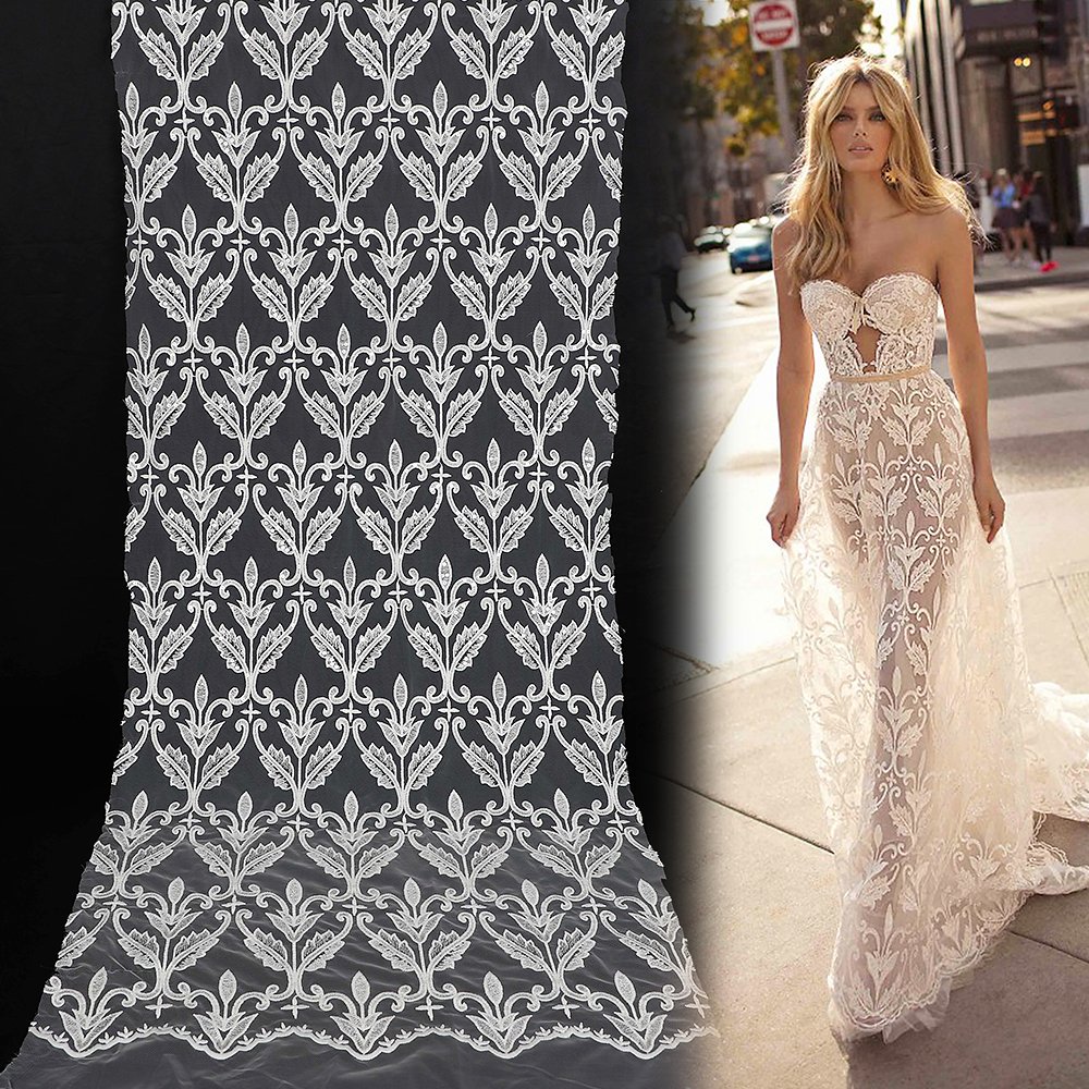 Yanzi 2024 New luxury french white wedding bridal lace fabric with sequins wholesale embroidery tulle lace dress fabric