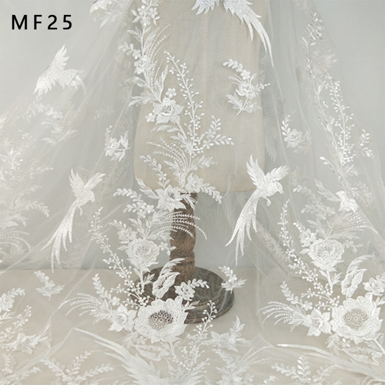 Fashion White Mesh Bird Flower Embroidery French Bridal Wedding Dress Embroidery Lace tulle Fabric