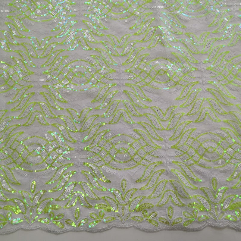 Fluorescent light Scallop style 100% polyester french tulle mesh lace sequin embroidery fabric for party dress