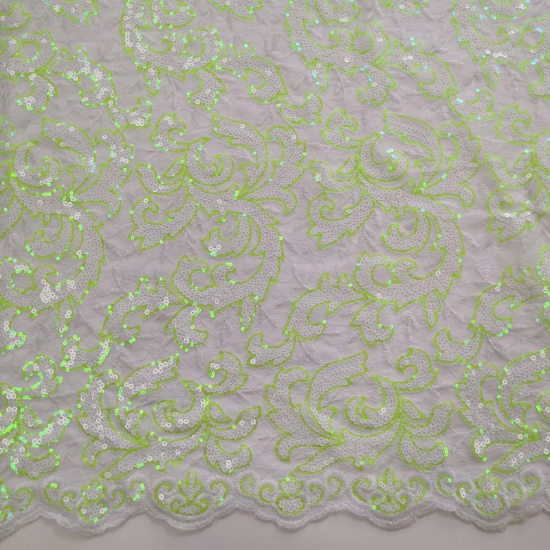 Fluorescent light Scallop style 100% polyester french tulle mesh lace sequin embroidery fabric for party dress