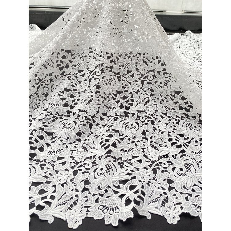 Factory Direct Sale New Style Guipure Chemical 100% Polyester Milk Yarn Floral Embroidery Party Dress White Lace Fabric