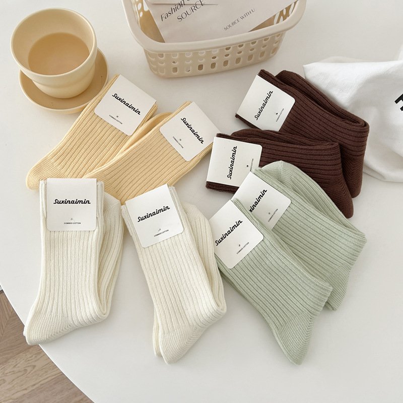 Newest Fall Light Color Women Knit Ribbed Cotton Socks
