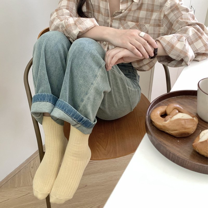 Newest Fall Light Color Women Knit Ribbed Cotton Socks