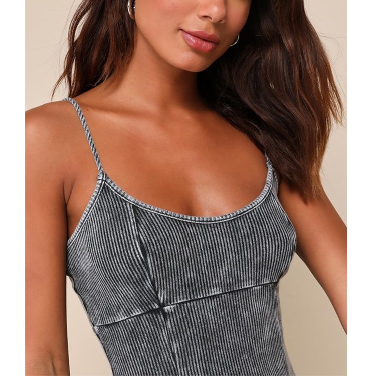 Customized High Quality Sleeveless Braces Washed Black Dress Godet Pleated Dress Ribbed Knit Mini Dress