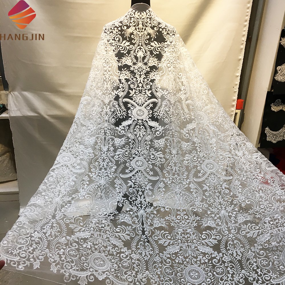 French Handmade Tulle Lace With Beads Luxury 3D Floral Embroidered Beaded Lace Fabric For Wedding Dresses