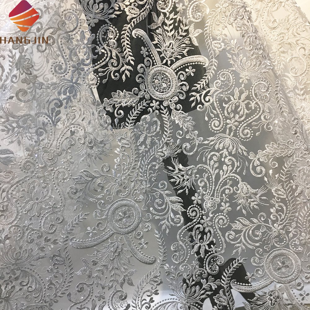 French Handmade Tulle Lace With Beads Luxury 3D Floral Embroidered Beaded Lace Fabric For Wedding Dresses