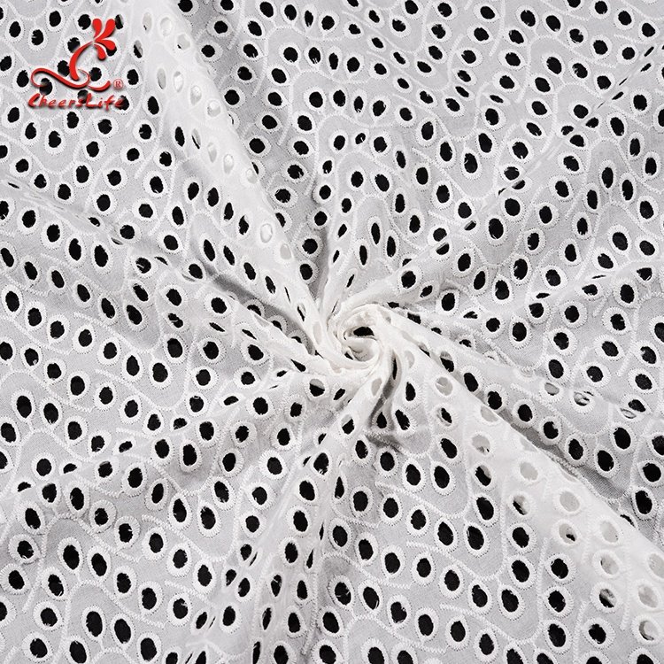 Cheerslife 15 Yards Laser Cut Circle Wavy 130Cm White Cotton Swiss Voile Guipure White Eyelet Embroidery Lace Fabric