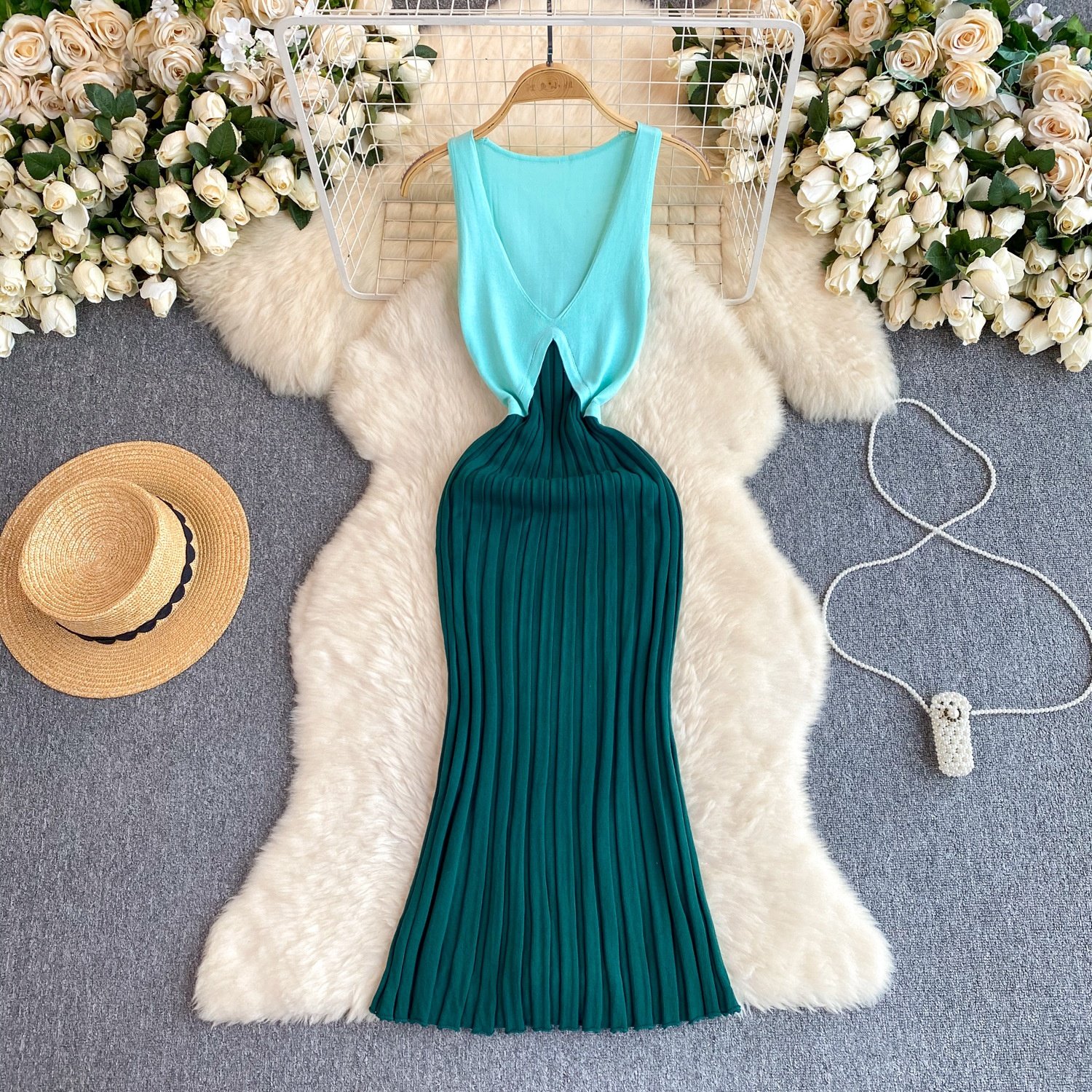 2024 New V-Neck Summer Women Dress Beach Sleeveless Patchwork Unique Knitting Bodycon Elegant Dresses Casual Long Maxi Dresses