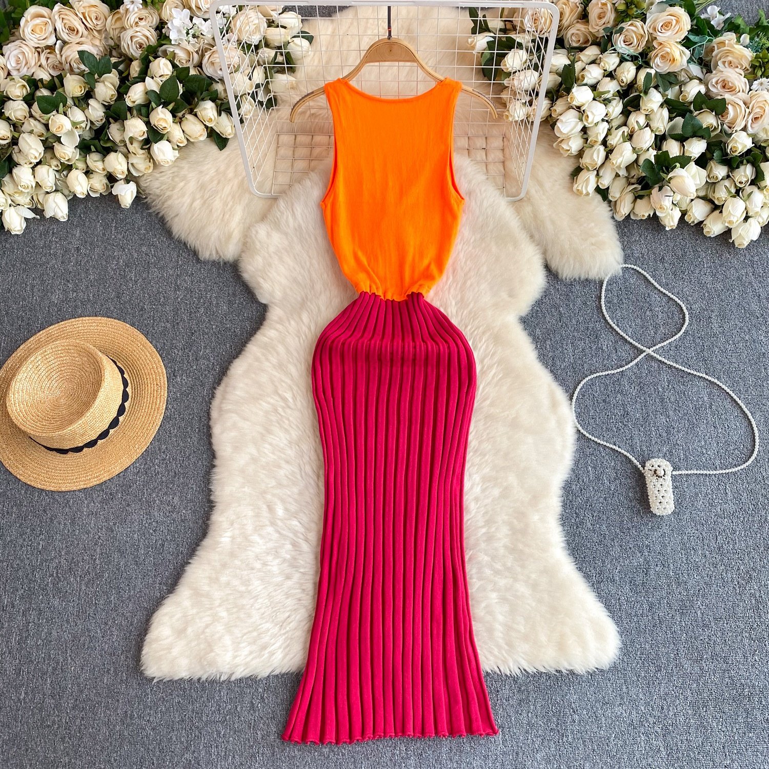 2024 New V-Neck Summer Women Dress Beach Sleeveless Patchwork Unique Knitting Bodycon Elegant Dresses Casual Long Maxi Dresses