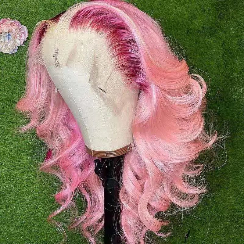 Wholesale Prices HD Lace Frontal Wig Ombre Pink Body Wave Human Hair Wig Transparent 360 Lace Wigs Display Racks