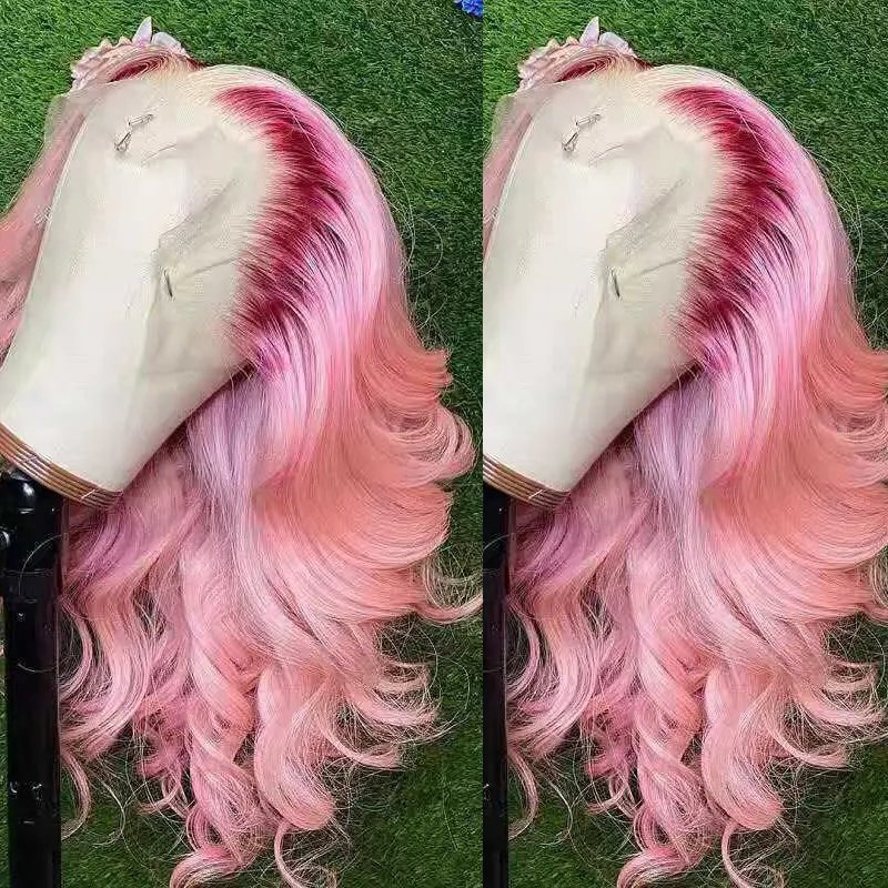 Wholesale Prices HD Lace Frontal Wig Ombre Pink Body Wave Human Hair Wig Transparent 360 Lace Wigs Display Racks