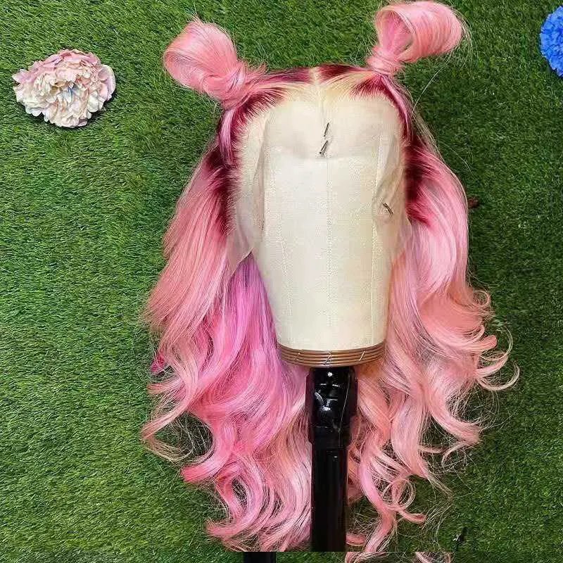 Wholesale Prices HD Lace Frontal Wig Ombre Pink Body Wave Human Hair Wig Transparent 360 Lace Wigs Display Racks