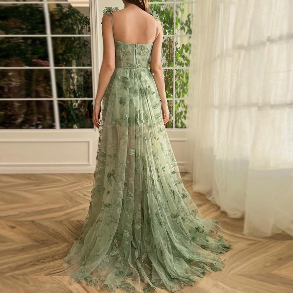 Customable Spaghetti A-Line Split Evening Dresses Sweetheart Lace Princess Long 3D Butterfly Applique Prom Dress