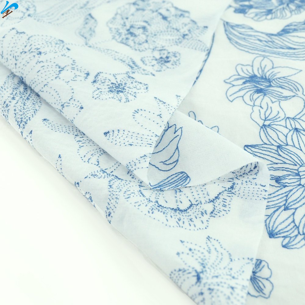 White Cotton Voile With Blue Embroidery Threads Breathable Floral Pattern Cotton Embroidery Fabric For Woman Apparel Garment