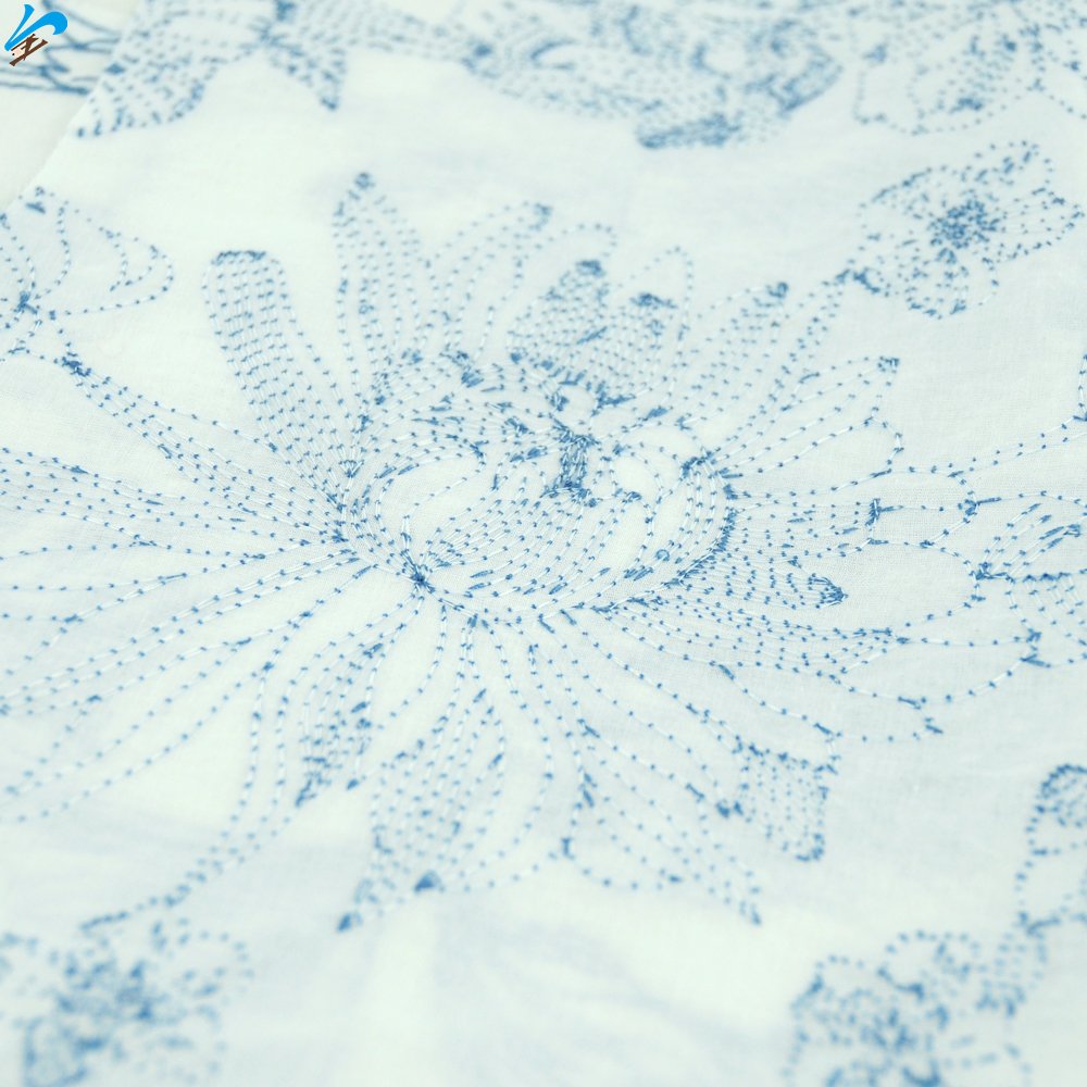 White Cotton Voile With Blue Embroidery Threads Breathable Floral Pattern Cotton Embroidery Fabric For Woman Apparel Garment