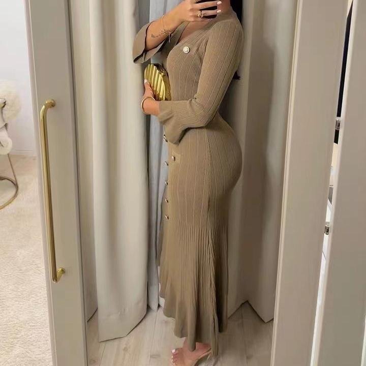 Wholesale High Quality V Neck Ribbed Knitted Ruffles Bottom Women Dress Sehe Fashion